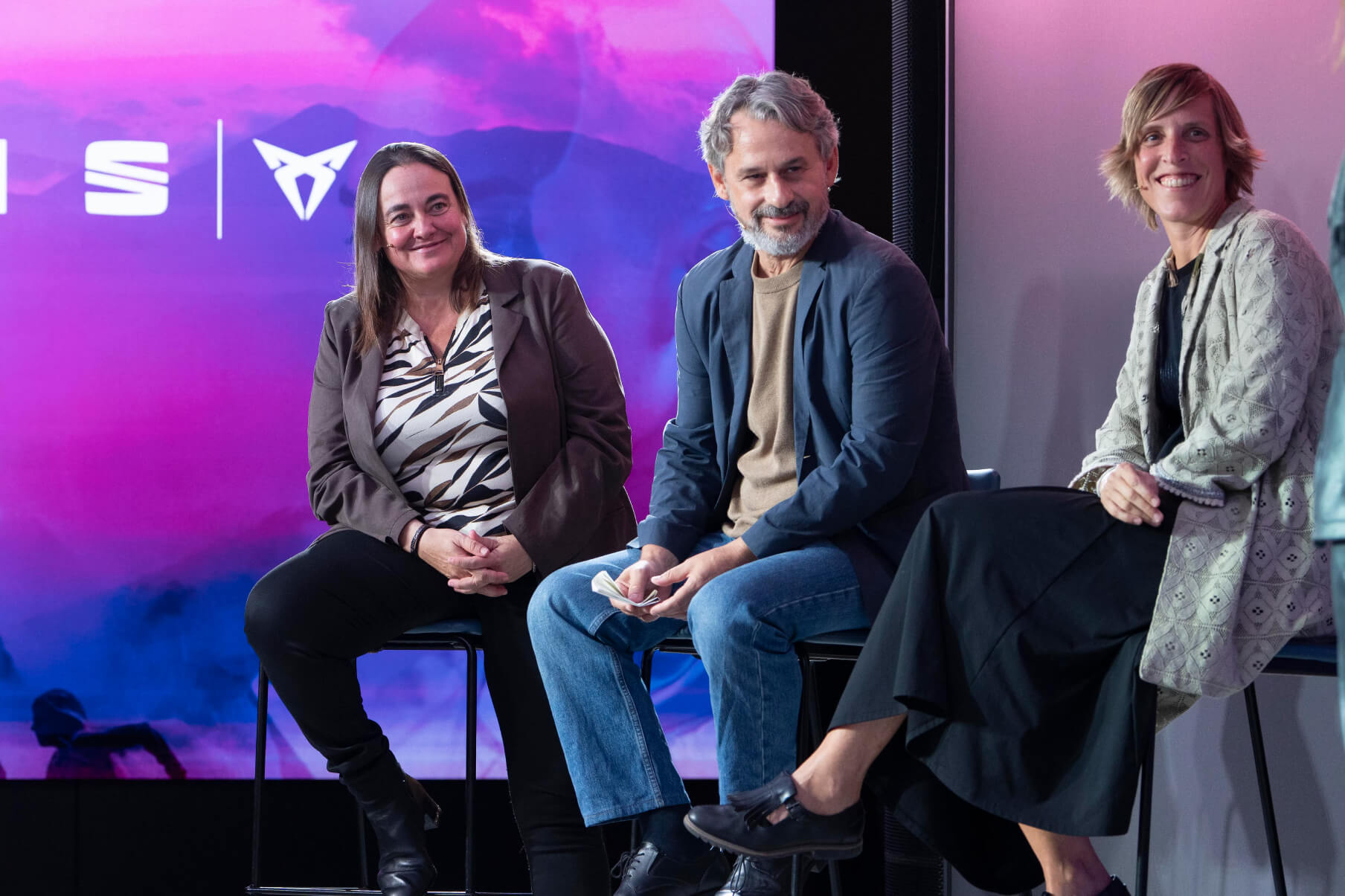 SEAT CUPRA Foundation representatives at a panel on stage at the 2025 launch of the organisation at CASA SEAT, Barcelona