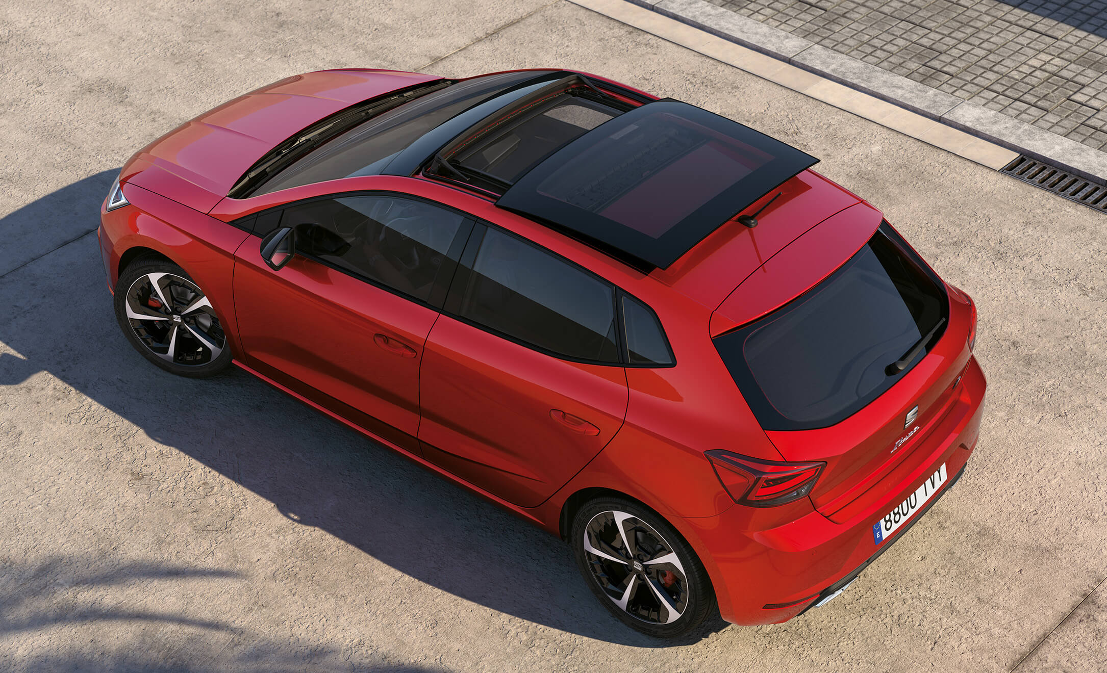 ariel view of a red SEAT Ibiza
