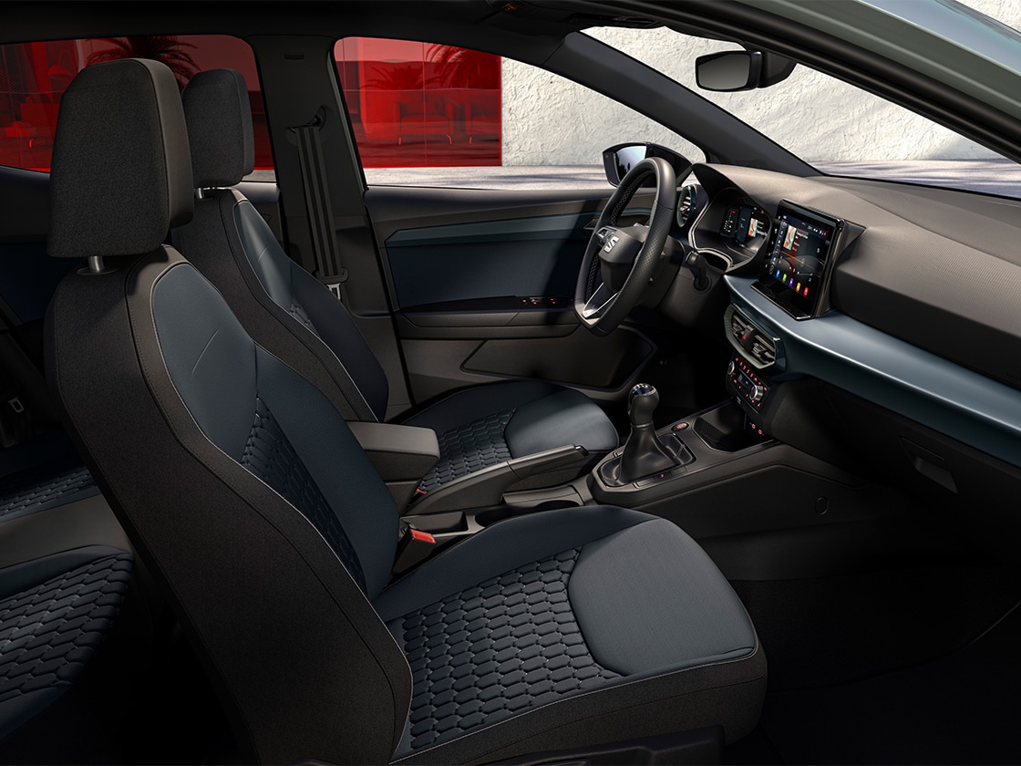 SEAT Ibiza interior details including the embossed standard seats for SE trims