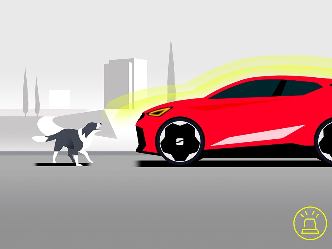 illustration of a dog barking at a SEAT demonstrating anti-theft alarm 