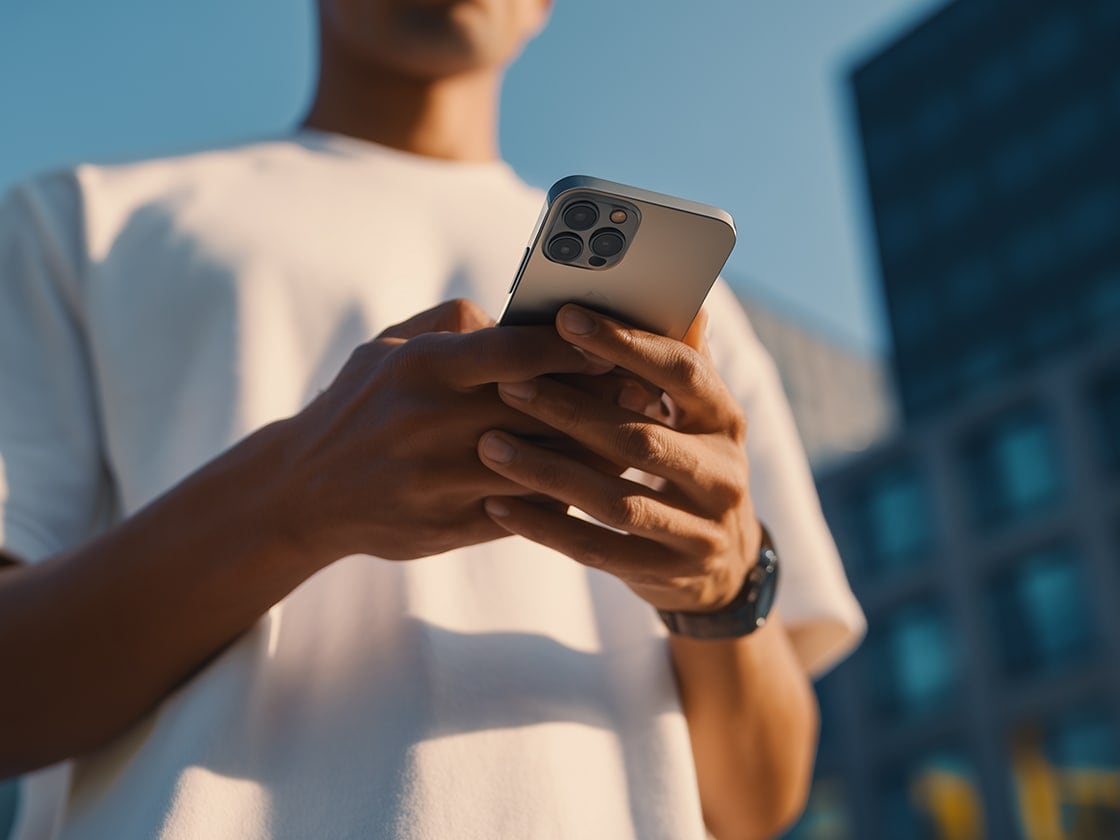 low angle of a man using a smartphone