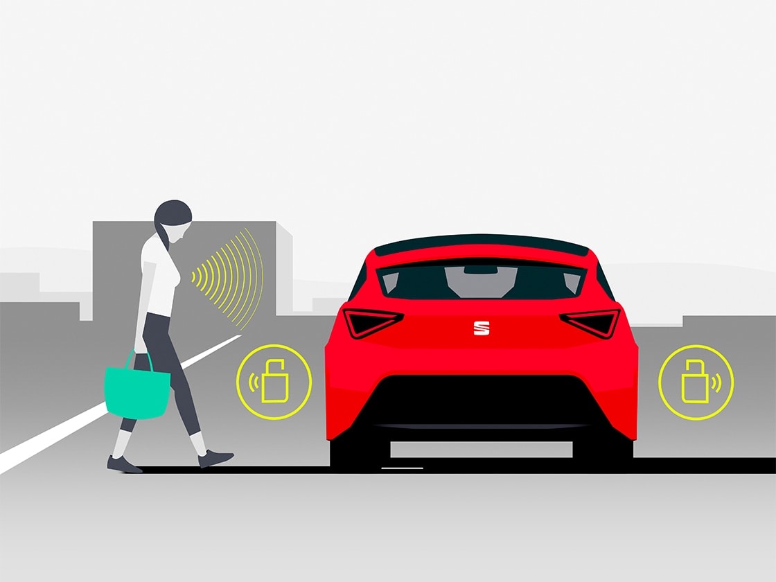 illustration of a person walking towards a SEAT with both hands holding demonstrating the kessy system 