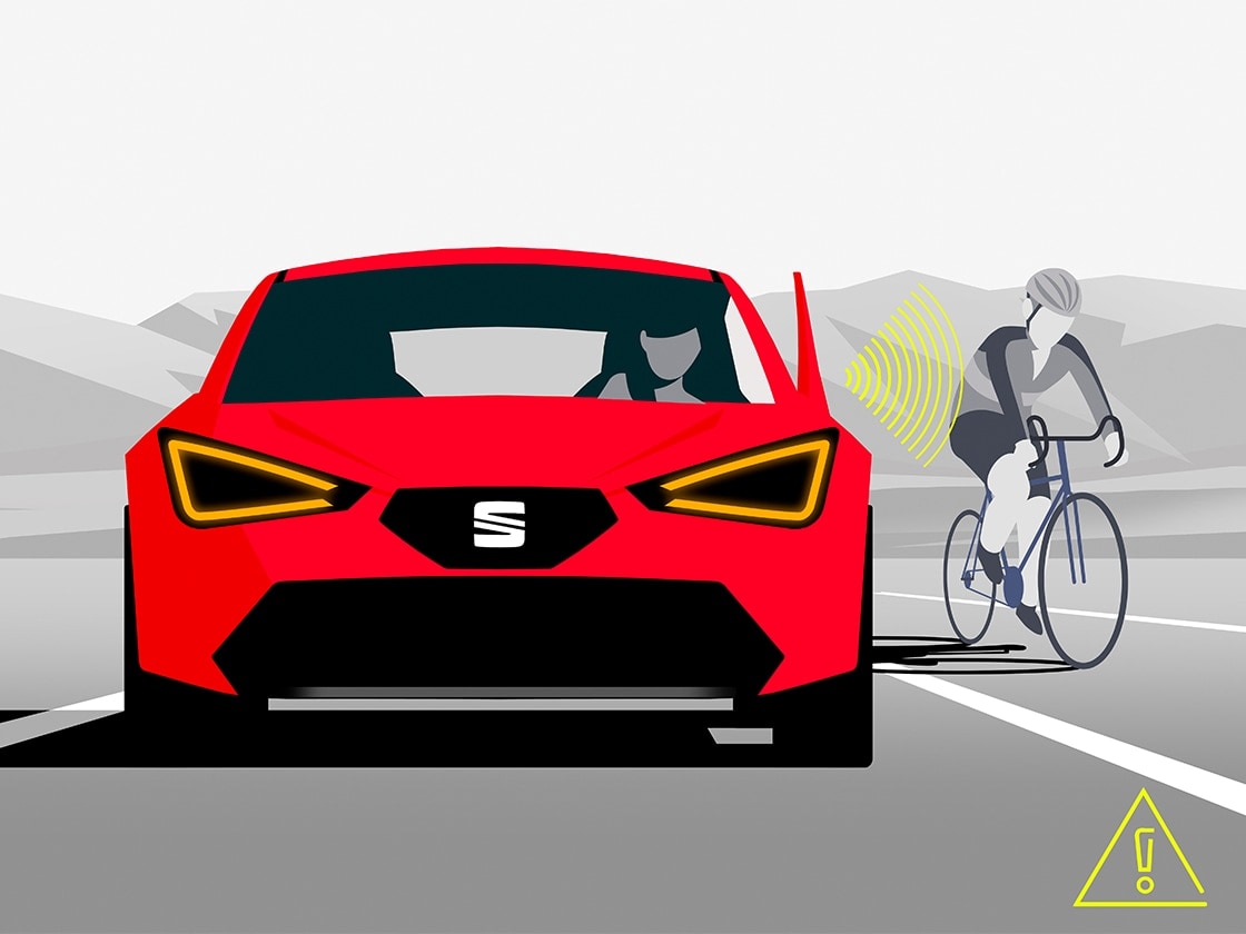 illustration of a bike rider near a SEAT model demonstrating side assist functionality