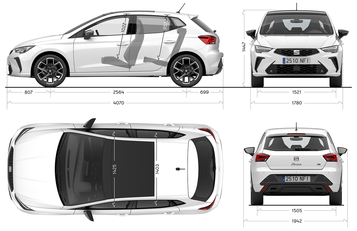 different orientations of the SEAT Ibiza demonstrating different dimensions