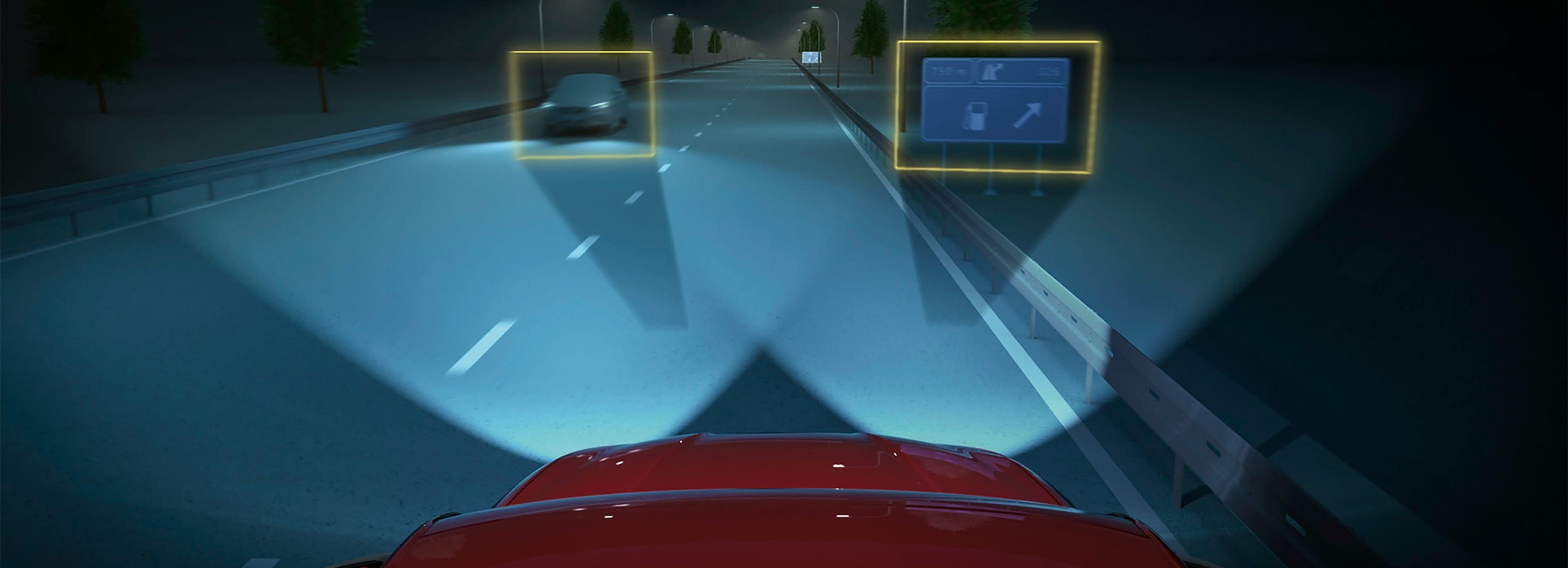 Matrix LED headlights on the SEAT Leon Estate demonstrating advanced technology used for enhanced safety, including automatic e-call for emergency assistance in the event of an accident.