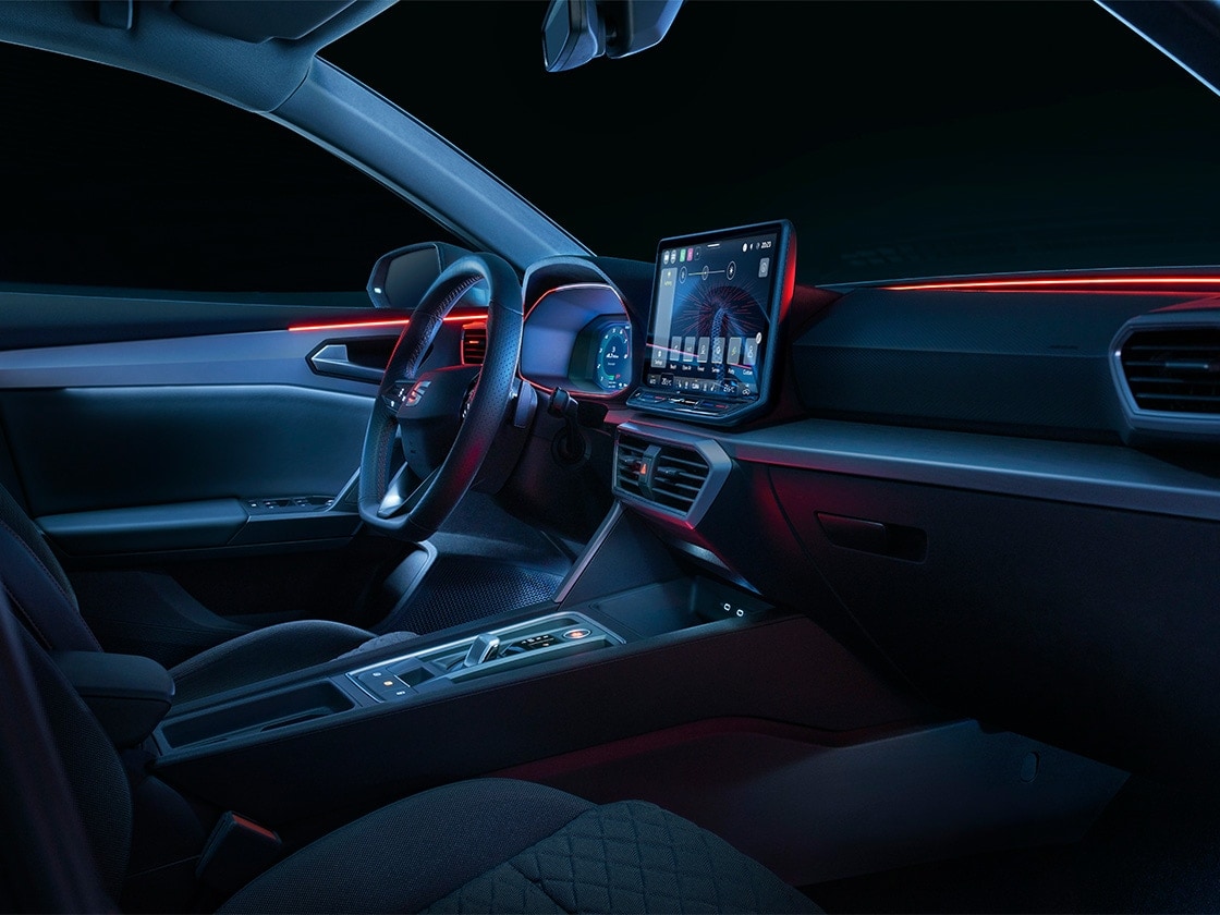 Wraparound led ambient lighting in the SEAT Leon Estate, providing a cool design and safety features like alerts for open doors or blind spots.