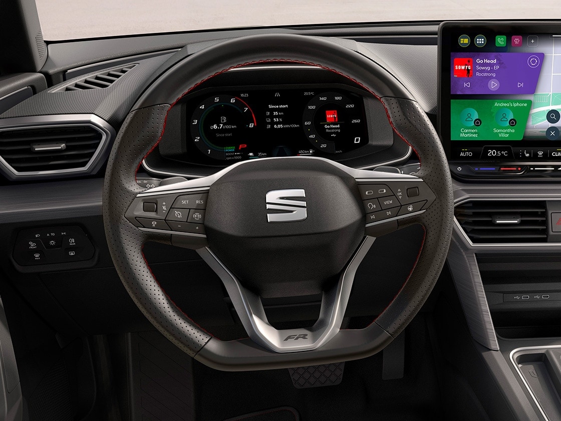 Interior of a SEAT Leon showing a full view of the heated steering wheel, which is part of the winter pack, that also features heated front seats.