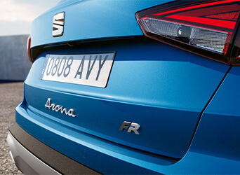 Close up of the boot and FR badge of a SEAT Arona FR Sport