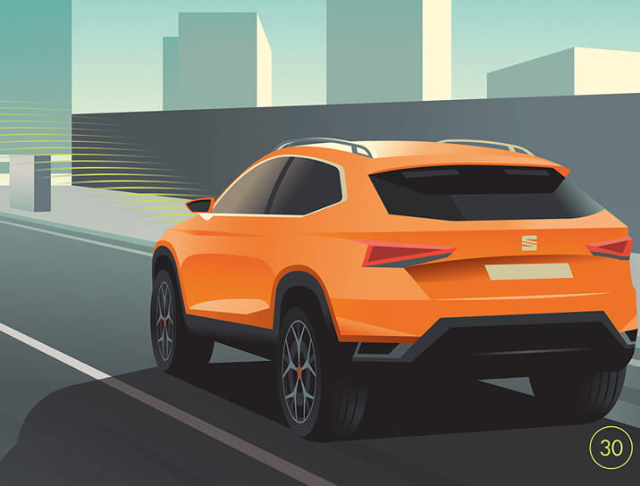 A illustrative image of an orange coloured SEAT Arona on a road, rear view