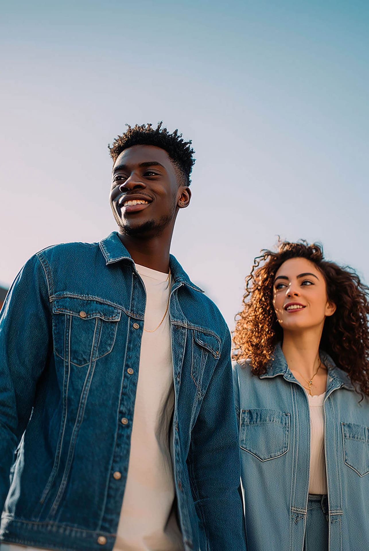 A smiling couple wearing denim jackets
