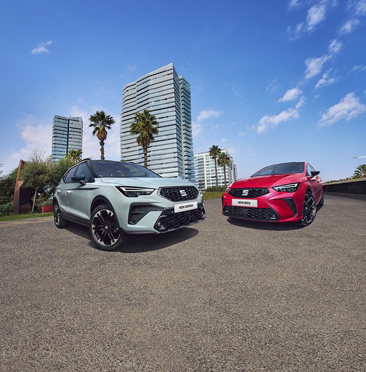 Side view of a blue SEAT Ibiza with pink jelly fish floating above it