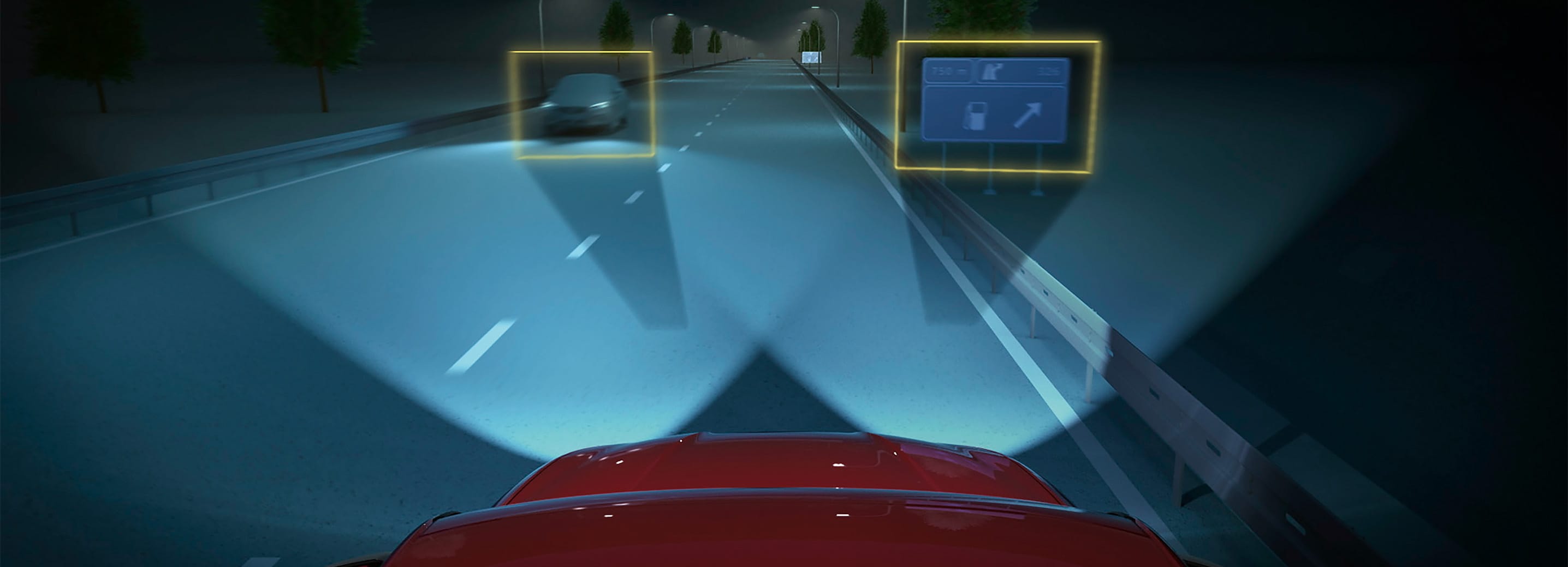 Matrix LED headlights on the SEAT Leon Estate demonstrating advanced technology used for enhanced safety, including automatic e-call for emergency assistance in the event of an accident.