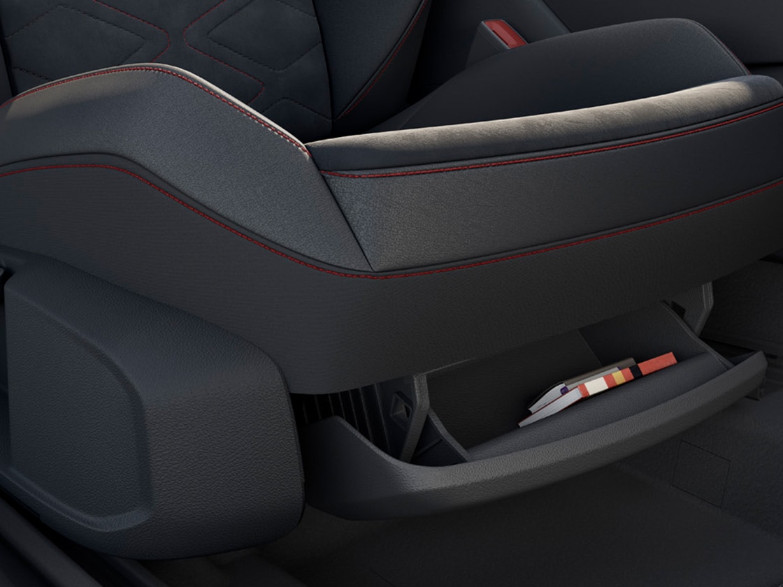 The seat leon sportstourer’s interior showing ample storage options, including a variable luggage/load compartment floor, featured in five door models.